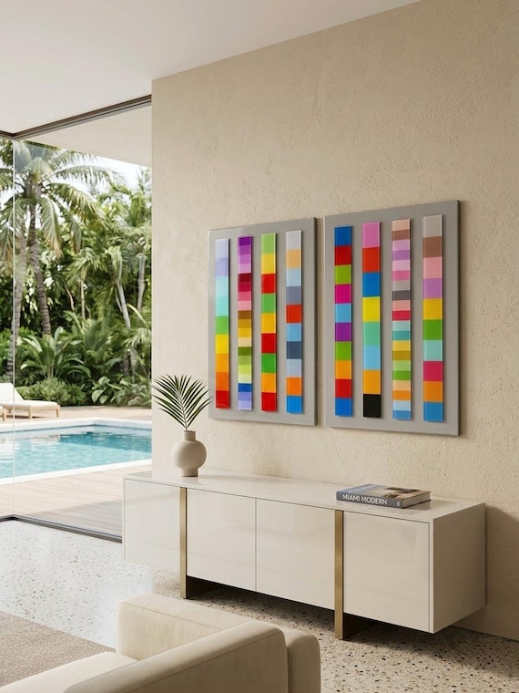 Modern Acrylic Wall Art Set of 2, Colorful Geometric Wall Panels, Luxury Minimalist Wall Decor for Living Room