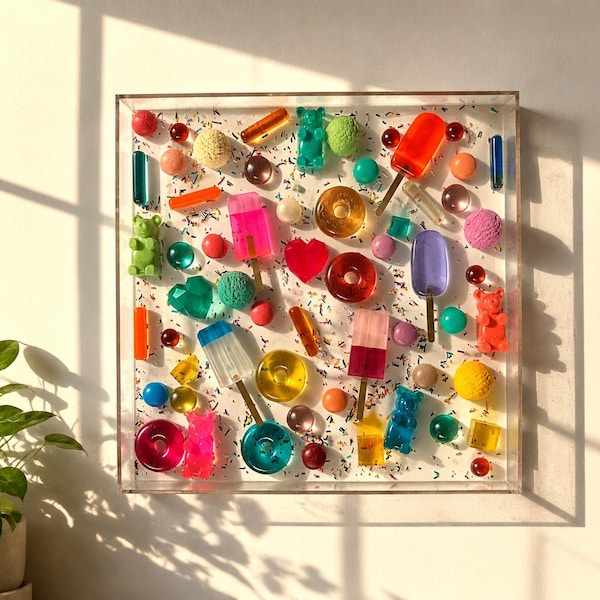 3D Ice Pop Wall Decor | Modern Resin Candy Sculpture, Acrylic Shadow Box (21x21 Inch) handmade sweet Treat