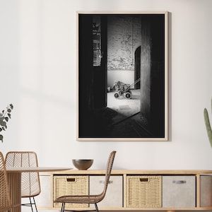 Black and white urbex poster | Abandoned pram photo | Urban exploration decoration | Nostalgic vintage ruin atmosphere
