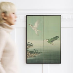Japanese poster of birds in flight | Zen wall art of Asian landscape | Traditional green nature poster | Japanese wall decoration