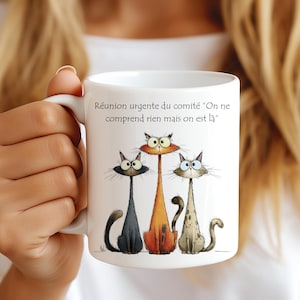 Funny meeting mug with absurd cats – Funny office colleague mug – Original work gift for tired coworker