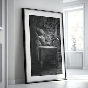 Black and white urbex photo poster abandoned bear cub nostalgic melancholic wall art dark wall decoration photography vintage atmosphere