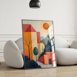 Poster geometrico con paesaggio urbano e sole rosso, poster moderno con decorazioni murali di case e alberi, arte murale stilizzata dal design contemporaneo