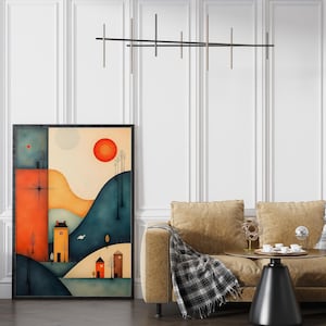 Póster de paisaje geométrico con colinas, casas y sol rojo, arte de pared moderno de estilo poético, póster decorativo gráfico relajante.