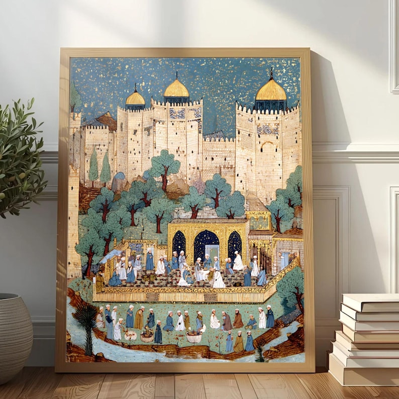 May include: A framed print depicting an ancient Middle Eastern scene. The artwork features a detailed illustration of a fortress with golden domes, surrounded by trees and figures in traditional attire. The color palette includes beige, blue, and gold.