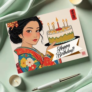 Happy Birthday Card, a girl in Kimono, Japanese Style, Instant Download, Print from Home