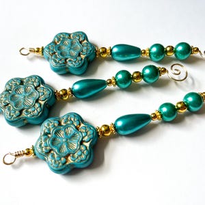 Turquoise and Gold Christmas Icicle Ornaments Handmade Old Fashioned Icicles Holiday Decor