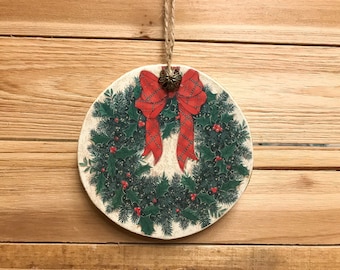 Wreath Christmas Ornament on Wood Slice with Natural Bark Edges Cottagecore Boho Holiday Decor