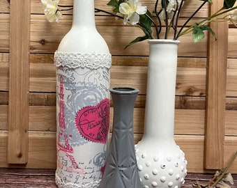 Upcycled Wine Bottle Vases Pink Heart Eiffel Tower Gray White Love Home Decor Butterfly Spring