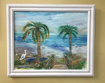 Egret At Beach Near Palm Trees