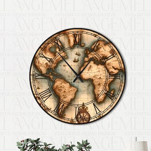 May include: A round wall clock with a world map design. The clock face features a vintage map with Roman numerals and black hands. The clock has a dark brown frame and is mounted on a white wall. The clock's diameter is approximately 12 inches.