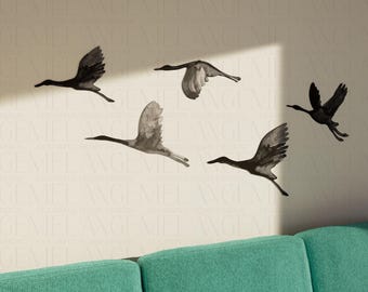 Flying Cranes Metal Wall Art: Elegant Powder-Coated Steel Birds - Set of 5