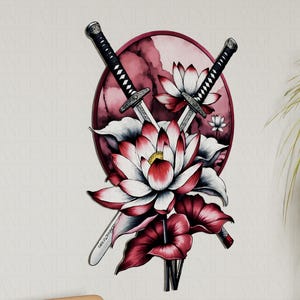 Arte mural de acero con katanas samuráis y lotos: decoración japonesa moderna