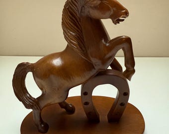 Vintage Hand-carved Wooden Horse with Horseshoe Sculpture