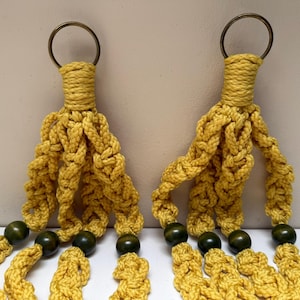 Vintage 1970s Macrame Mustard Yellow Plant Hangers with Beads | Set of 2