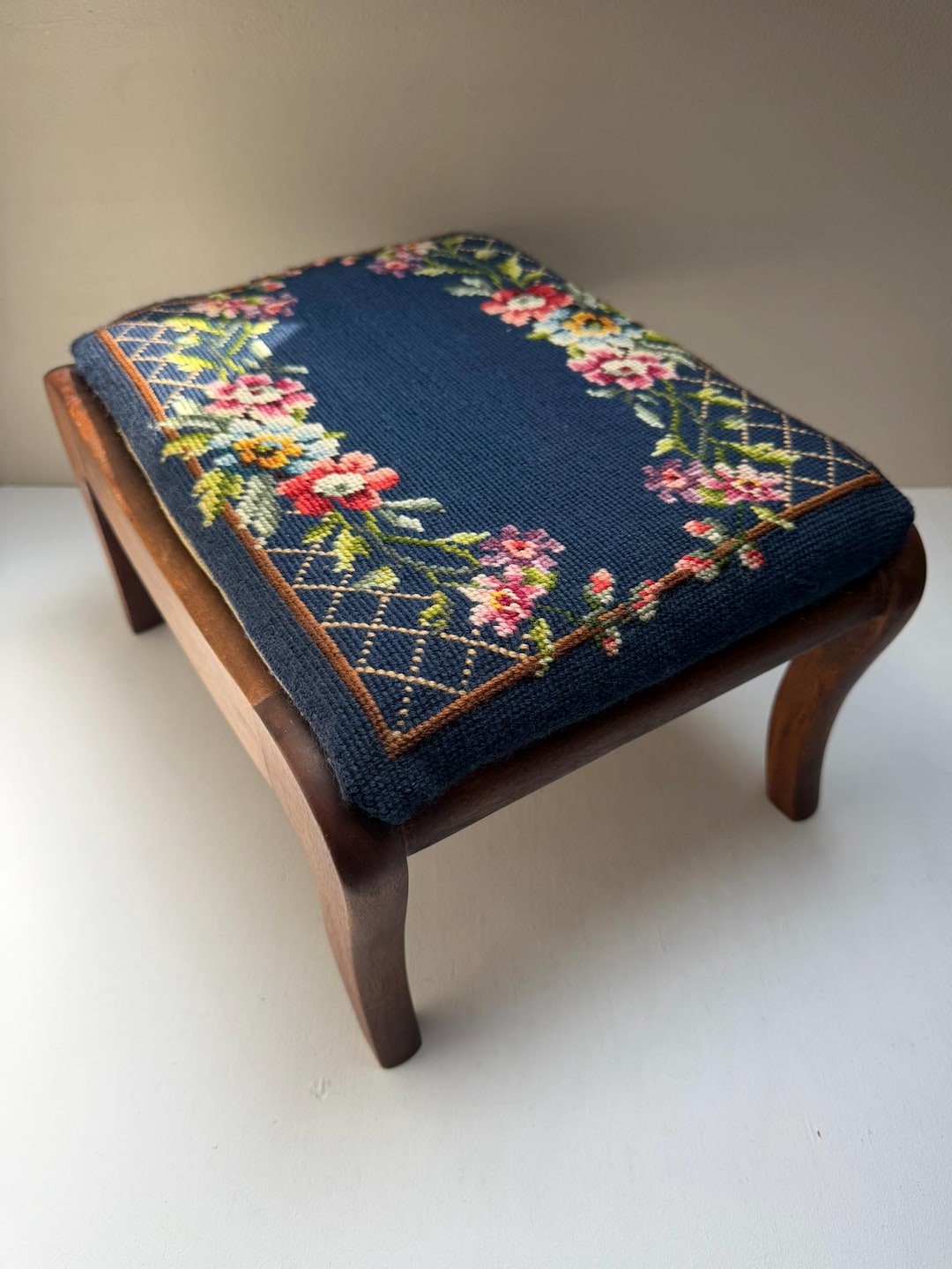 Vintage Needlepoint Floral Footstool – Navy Blue and Walnut Accent Stool - Etsy South Africa