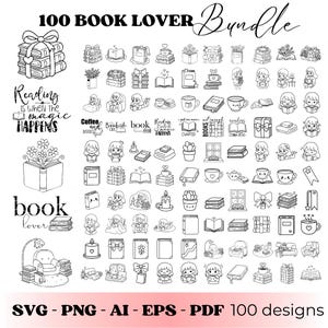 Bookworm SVG Bundle | 100 Book Lover Line Art Designs | Reading Clipart, Bookish Girl, Coffee Books SVG PNG