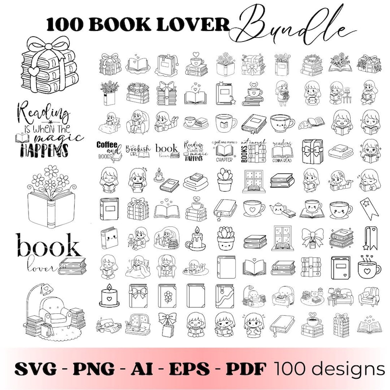 Bookworm SVG Bundle | 100 Book Lover Line Art Designs | Reading Clipart ...