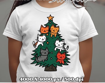 Cat Christmas Tree PNG – Funny Cat Lover Clipart, Cute Cats on Christmas Tree PNG, Pet Christmas Art, Digital Download