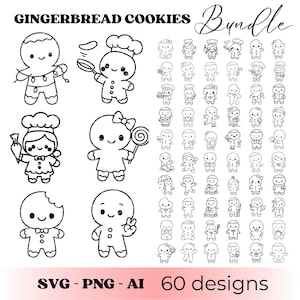 以下が含まれることがあります： 様々なポーズや衣装のジンジャーブレッドクッキーの白黒デジタルイラスト。画像には「GINGERBREAD COOKIES Bundle」と「SVG - PNG - AI 60 designs」の文字が含まれています。ジンジャーブレッドクッキーは、シェフの帽子やアクセサリーを身につけています。