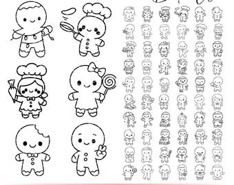 Gingerbread Cookie SVG, Kawaii Gingerbread Cookie SVG Bundle, 60 Cute Christmas Gingerbread Line Art Designs, Outline Cookie Clipart PNG