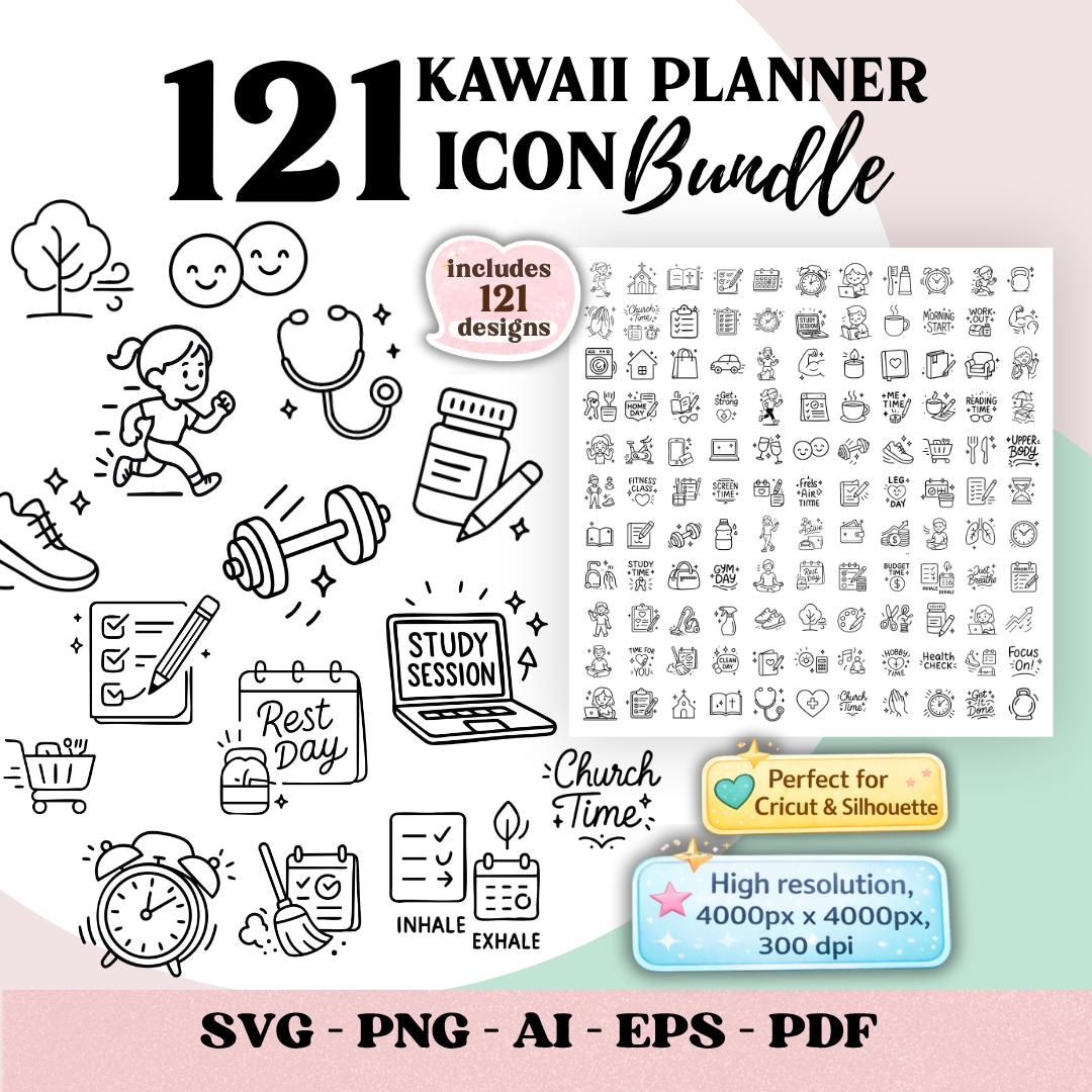 121 Planner Icons SVG Bundle, Kawaii Minimal Clipart, Cricut Files ...