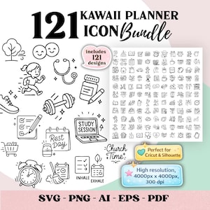 Minimale kawaii-bundel met plannerpictogrammen | SVG-set voor tijdbeheer, productiviteit, zelfzorg, fitness en thuis