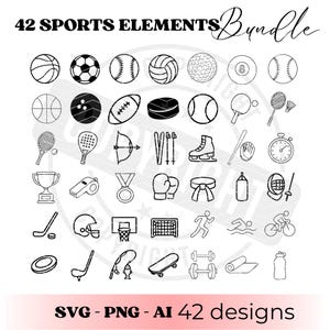 May include: A collection of 42 black and white sports-themed illustrations, including various balls, equipment, and activities. The image features text that reads "42 SPORTS ELEMENTS Bundle" at the top and "SVG - PNG - AI 42 designs" at the bottom.
