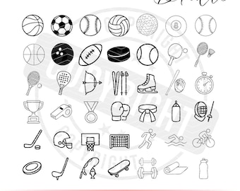 Sport SVG-paket | 42 sportelement clipart | Sportboll svg PNG AI | Baseboll, fotboll, basket, volleyboll, fotboll, outline-paket