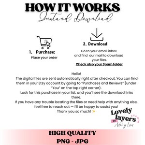 May include: White and pink graphic with the text "HOW IT WORKS" and "Instant Download". Instructions include "Purchase", "Download", and a note to check the spam folder. The bottom banner reads "HIGH QUALITY PNG - JPG".
