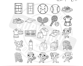 Tennis SVG-paket | Tennis Clipart svg PNG | Kawaii tennisspelare SVG, tennisracket, boll, bana, skor, mammatröjadesigner | Sportkonst