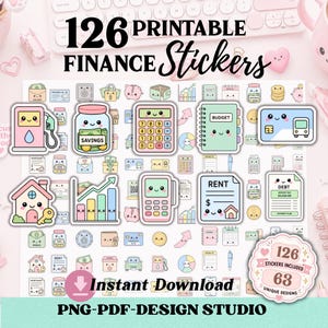 Pode incluir: Um conjunto de 126 autocolantes financeiros imprimíveis com ilustrações de frascos de poupança, calculadoras e cadernos de orçamento. Download instantâneo em formatos PNG e PDF. 63 designs únicos.