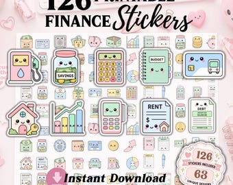 Agenda imprimable 126 stickers, stickers finance kawaii, stickers budget planner, jolies icônes argent, téléchargement numérique