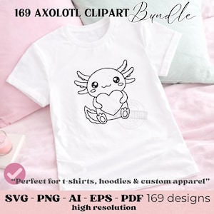 Peut inclure: T-shirt blanc avec un dessin d'axolotl noir et blanc tenant un c&oelig;ur. Le texte "169 AXOLOTL CLIPART Bundle" est en haut. En dessous, les mots "SVG - PNG - AI - EPS - PDF 169 designs haute r&eacute;solution".