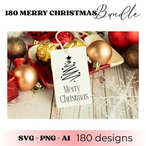 May include: A festive Christmas bundle with ornaments, gift tags, and decorative elements. The image features a white tag with a black Christmas tree design and the words "Merry Christmas." The text "180 Merry Christmas Bundle" is at the top.