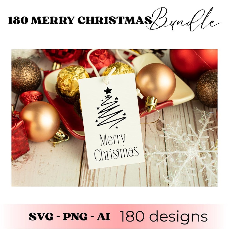 May include: A festive Christmas bundle with ornaments, gift tags, and decorative elements. The image features a white tag with a black Christmas tree design and the words "Merry Christmas." The text "180 Merry Christmas Bundle" is at the top.