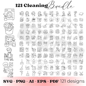 May include: A black and white illustration of a cleaning bundle with 121 designs. The image includes icons of cleaning supplies, people cleaning, and text that says "121 Cleaning Bundle" and "SVG - PNG - AI - EPS - PDF 121 designs."