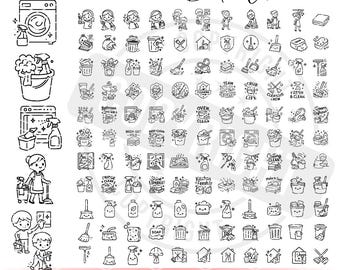 Cleaning SVG Bundle Kawaii | Cleaning Icons SVG, Cleaning Tools, Cleaning Bucket, Cute Cleaning Line Art, House Cleaning, Cleaning Service