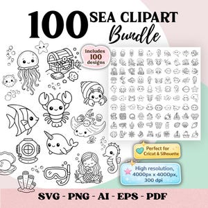 May include: Black and white sea clipart bundle with 100 designs. Includes illustrations of sea creatures like jellyfish, fish, crabs, and a mermaid. The image also includes text that says "100 Sea Clipart Bundle".
