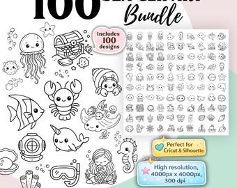 Sea Animals SVG Bundle | Kawaii Ocean Clipart | Cute Marine Creatures Line Art | Underwater SVG PNG Set