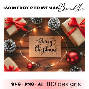 May include: A festive Christmas-themed image with a wooden background. Presents wrapped in brown paper with red ribbons, pinecones, and ornaments surround a card that reads "Merry Christmas". A string of lights encircles the card.