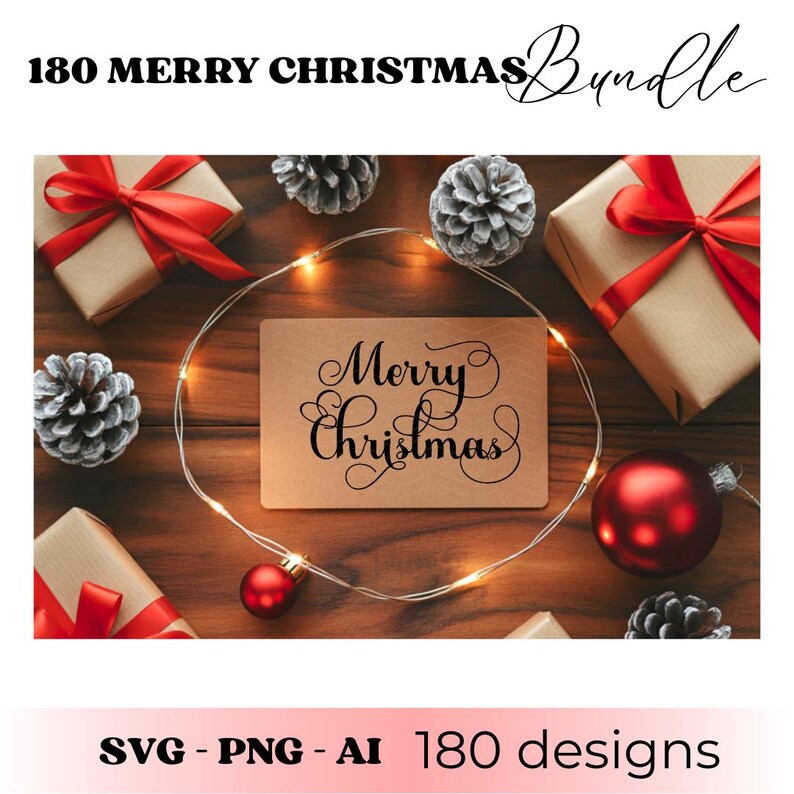 May include: A festive Christmas-themed image with a wooden background. Presents wrapped in brown paper with red ribbons, pinecones, and ornaments surround a card that reads "Merry Christmas". A string of lights encircles the card.