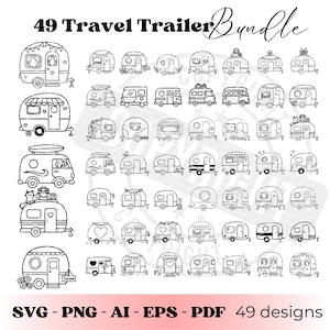 Peut inclure: Illustration en noir et blanc de 49 caravanes. L'image présente divers modèles de caravanes, certains avec des cœurs, des auvents et d'autres éléments décoratifs. Le texte en haut indique "49 Travel Trailer Bundle". Le texte en bas indique les formats de fichiers: SVG, PNG, AI, EPS et PDF.