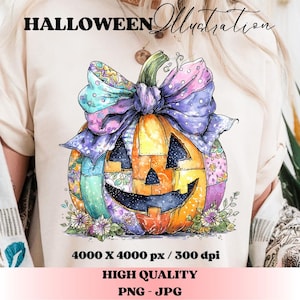 May include: A watercolor illustration of a smiling jack-o'-lantern with a large bow. The pumpkin is orange and yellow with patchwork details. The bow is purple, pink, and blue. Text at the top reads "HALLOWEEN Illustration".