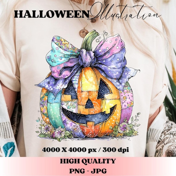 Patchwork Pumpkin Halloween PNG – Colorful Jack O’Lantern with Bow, Whimsical Coquette Fall Clipart