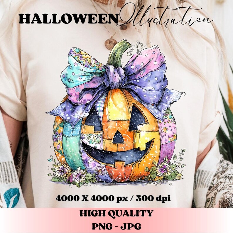 May include: A watercolor illustration of a smiling jack-o'-lantern with a large bow. The pumpkin is orange and yellow with patchwork details. The bow is purple, pink, and blue. Text at the top reads "HALLOWEEN Illustration".