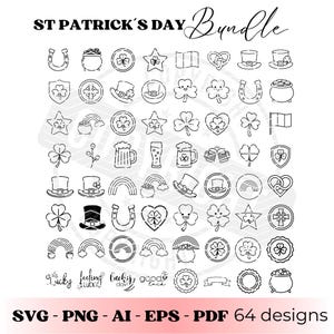 Op de afbeelding: Zwart-wit St. Patrick's Day bundel met 64 ontwerpen. Bevat klavers, hoefijzers, potten met goud, regenbogen, hoeden, sterren en bierpullen. De tekst onderaan luidt "SVG - PNG - AI - EPS - PDF 64 designs."