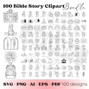 Könnte beinhalten: Schwarz-weiß Clipart-Bundle mit 100 Bibelgeschichten-Designs. Enthält Illustrationen von Jesus, der Arche Noah, den Zehn Geboten und verschiedenen anderen biblischen Szenen. Der Text unten lautet "SVG - PNG - AI - EPS - PDF 100 designs."