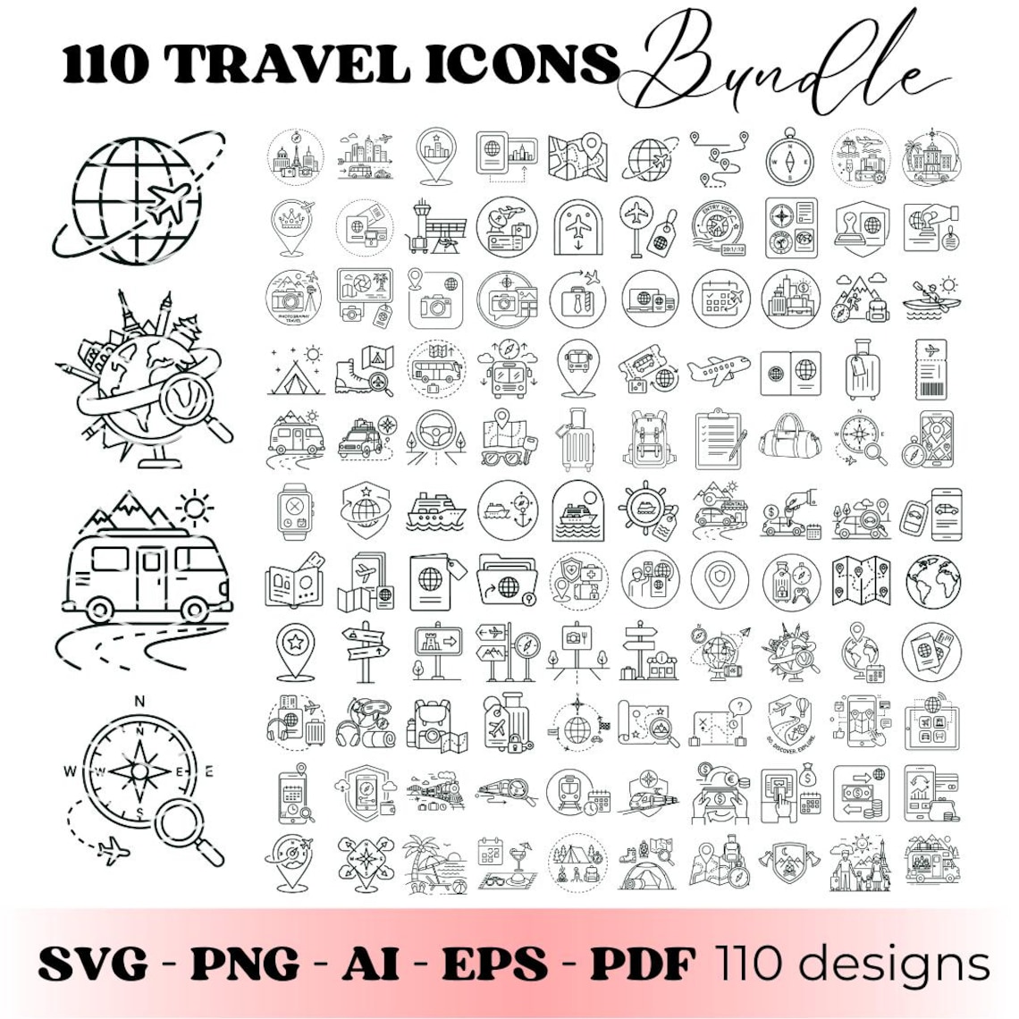 Travel Icons SVG Bundle | 110 Travel Icon Line Art SVG | Travel SVG ...