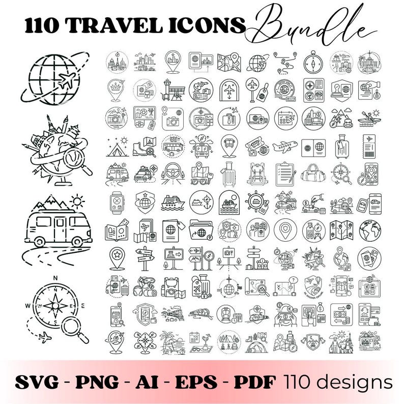 Travel Icons SVG Bundle | 110 Travel Icon Line Art SVG | Travel SVG ...